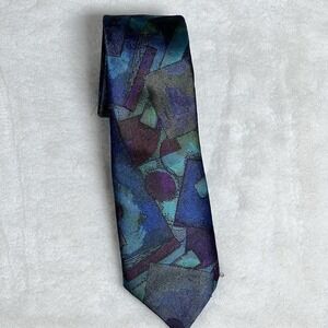 Elaan Vintage Mens Formal Blue & Green Abstract Neck Tie Silk Blend USA